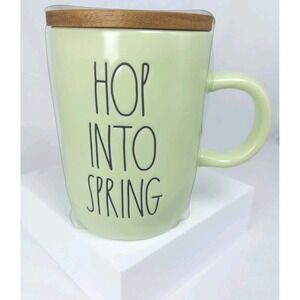 Rae Dunn HOP INTO SPRING Ceramic Mug Cup Mint Green Wooden Lid / Coaster